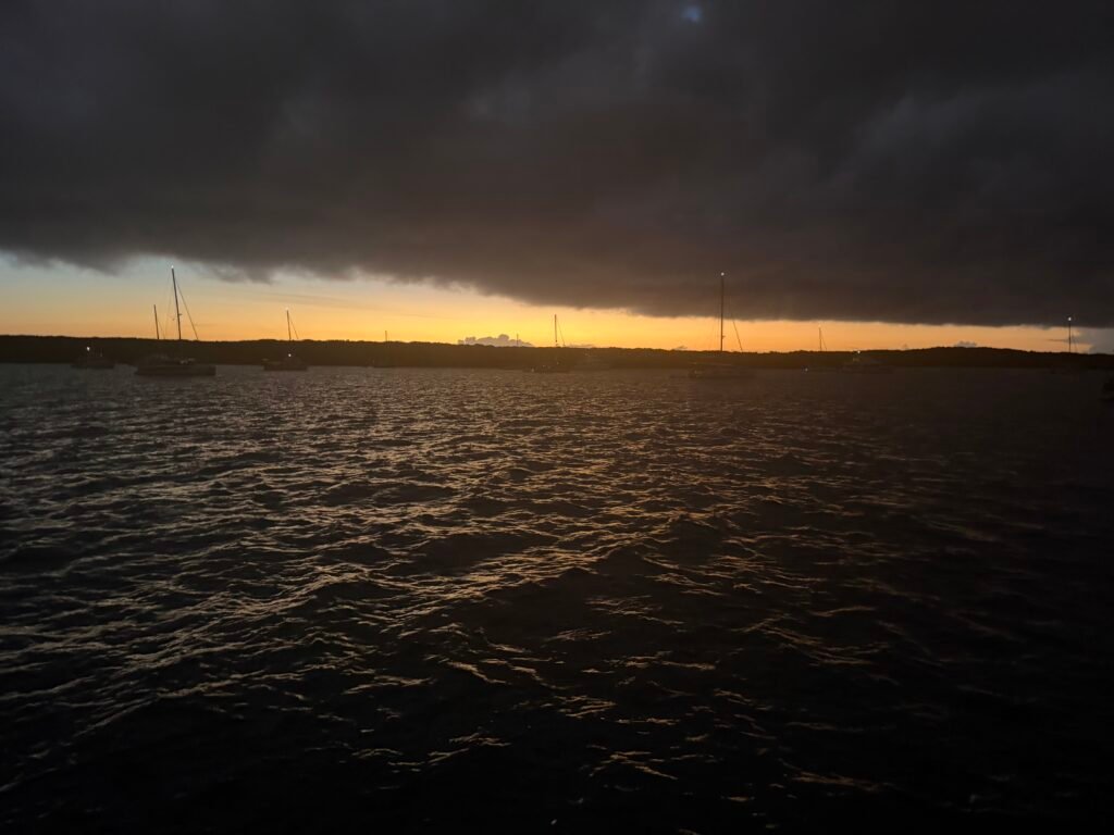 A cloudy sunrise over Staniel Cay