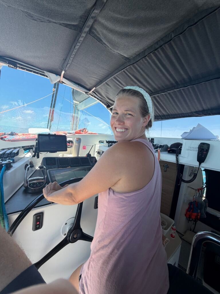 Pamela at the helm